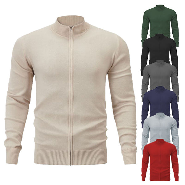 MEN'S STAND UP COLLAR CASUAL SPORTS SWEATER SOLID COLOR ZIPPER KNIT SWEATER