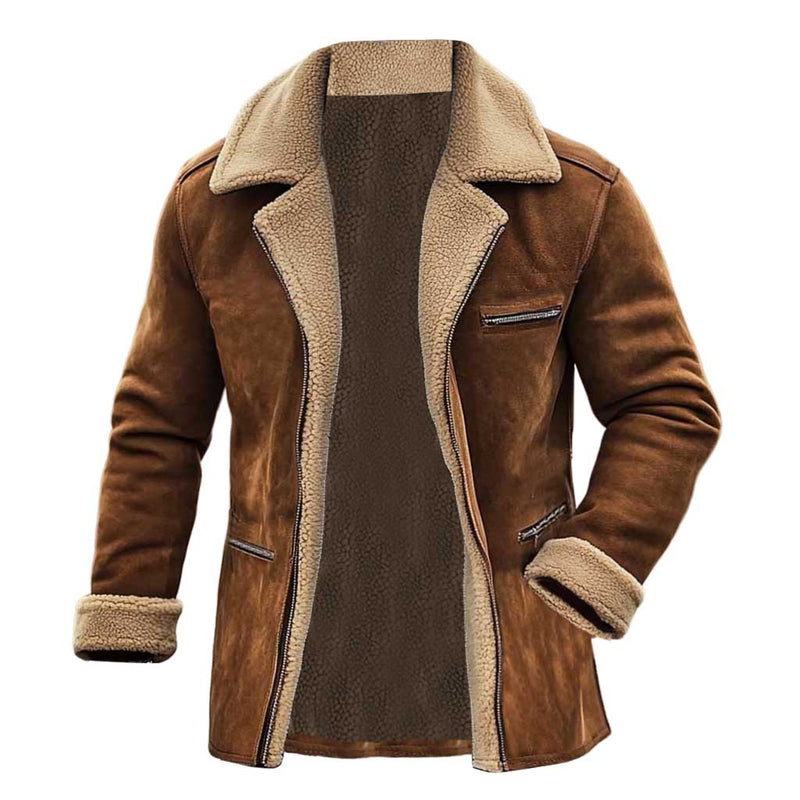 Men's Vintage Suede Shearling Zipper Pocket Fleece Wool Fur Reverse Collar Mid-Length Coat Jacket