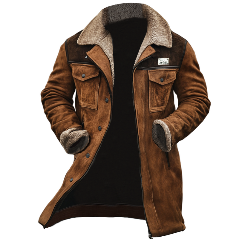 Men's Vintage Suede Patchwork Lamb Fleece Multi-Pocket Reverse Collar Outdoor Jacket Coat